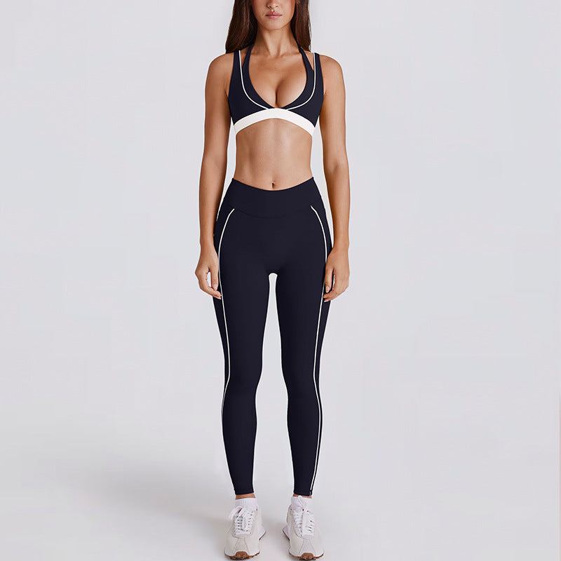fake two-piececontrast color white striped running fitness shorts v neckhalter sports intimates bra yoga suit