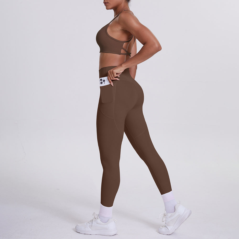 double-sided nylon beautiful back tight cross beautiful back flap pocket pants sports yoga suit running fitness two-piece set