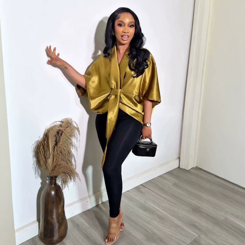 European and american cross-border women's fashion:  summer new arrivals - stylish, designer-feel, loose batwing sleeve v-neck solid color blouse top