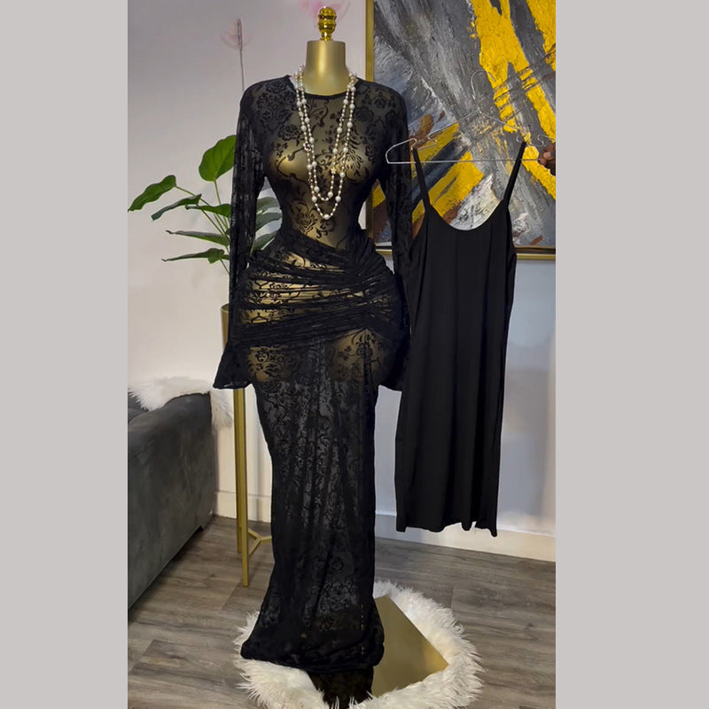 European and american cross-border women's fashion:  autumn new arrivals - sexy sheer round neck ruched print dress with camisole two-piece set