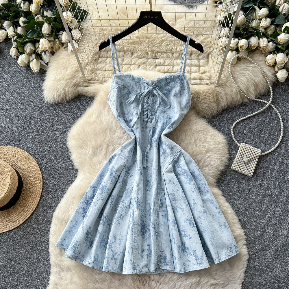 Sweet girly style tie-waist a-line denim mini dress - summer slimming & age-defying