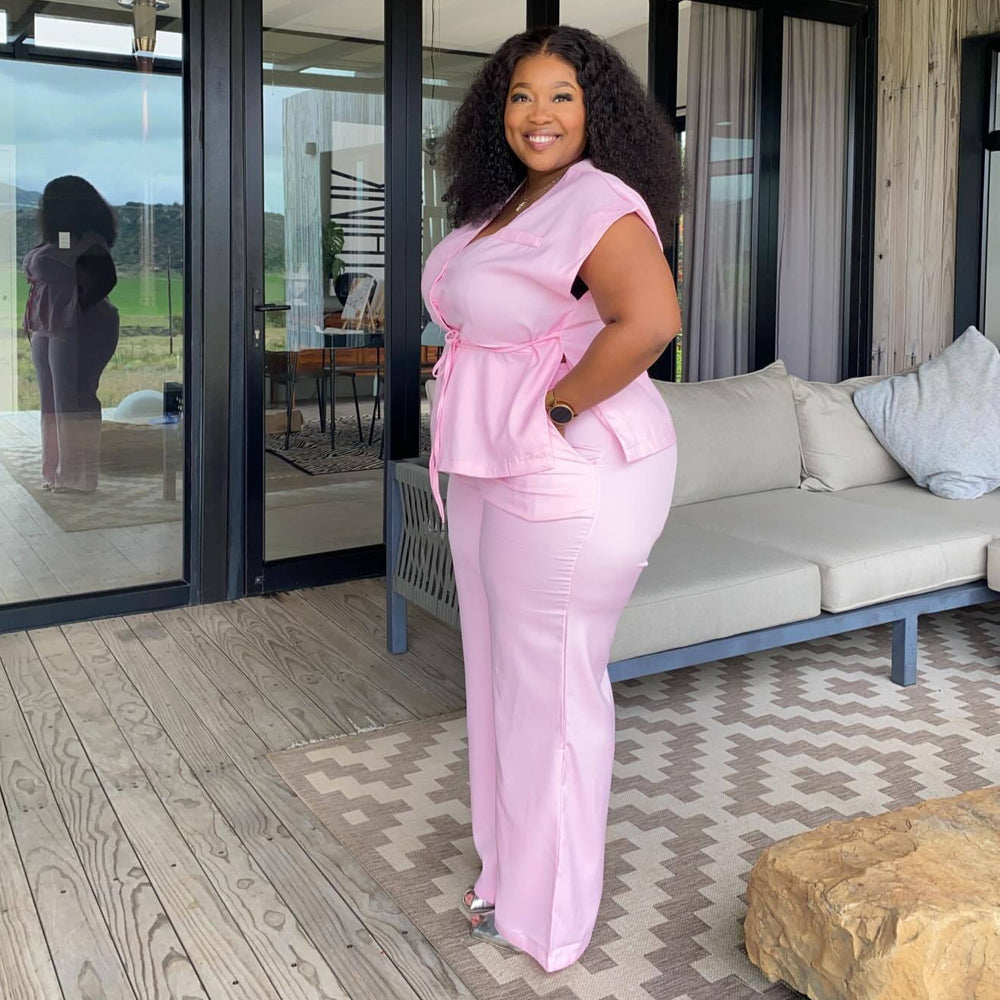 European and american cross-border african women's clothing  summer new arrival: elegant v-neck short-sleeve tie-up blouse and high-waisted pants set
