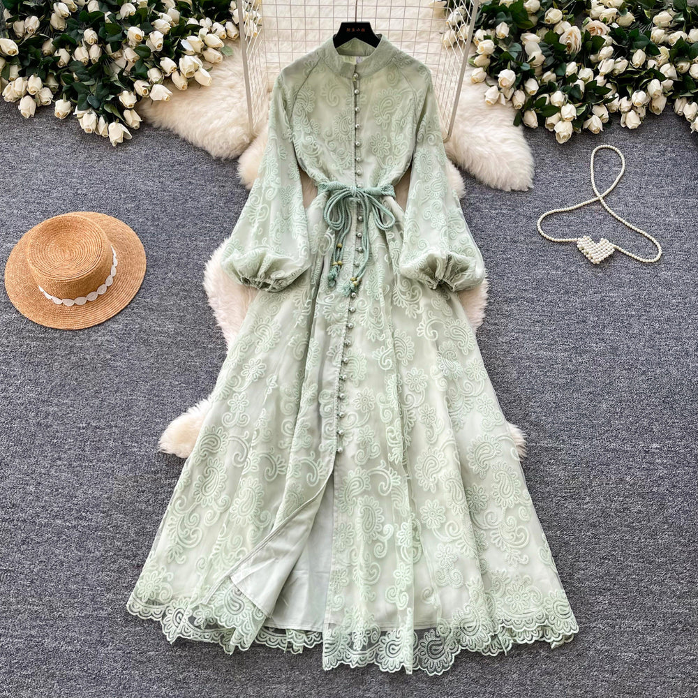 French romantic stand collar lantern sleeve lace dress - women's summer slimming a-line maxi dress - elegant and chic