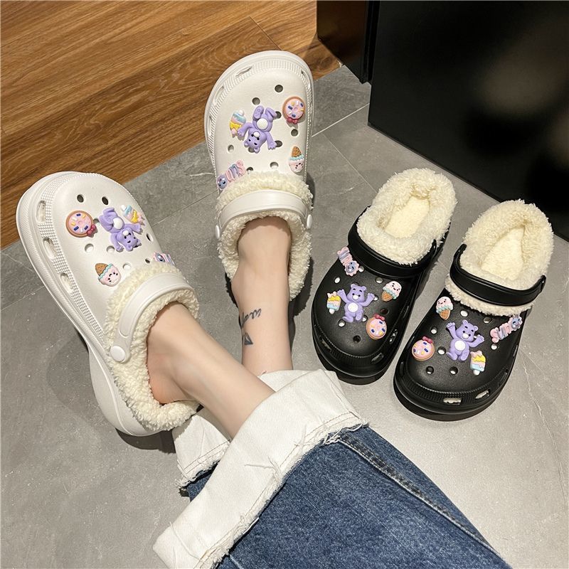 Detachable fleece-lined clogs for women, autumn/winter, girly high-heeled cute student anti-slip cotton slippers, fuzzy cotton shoes