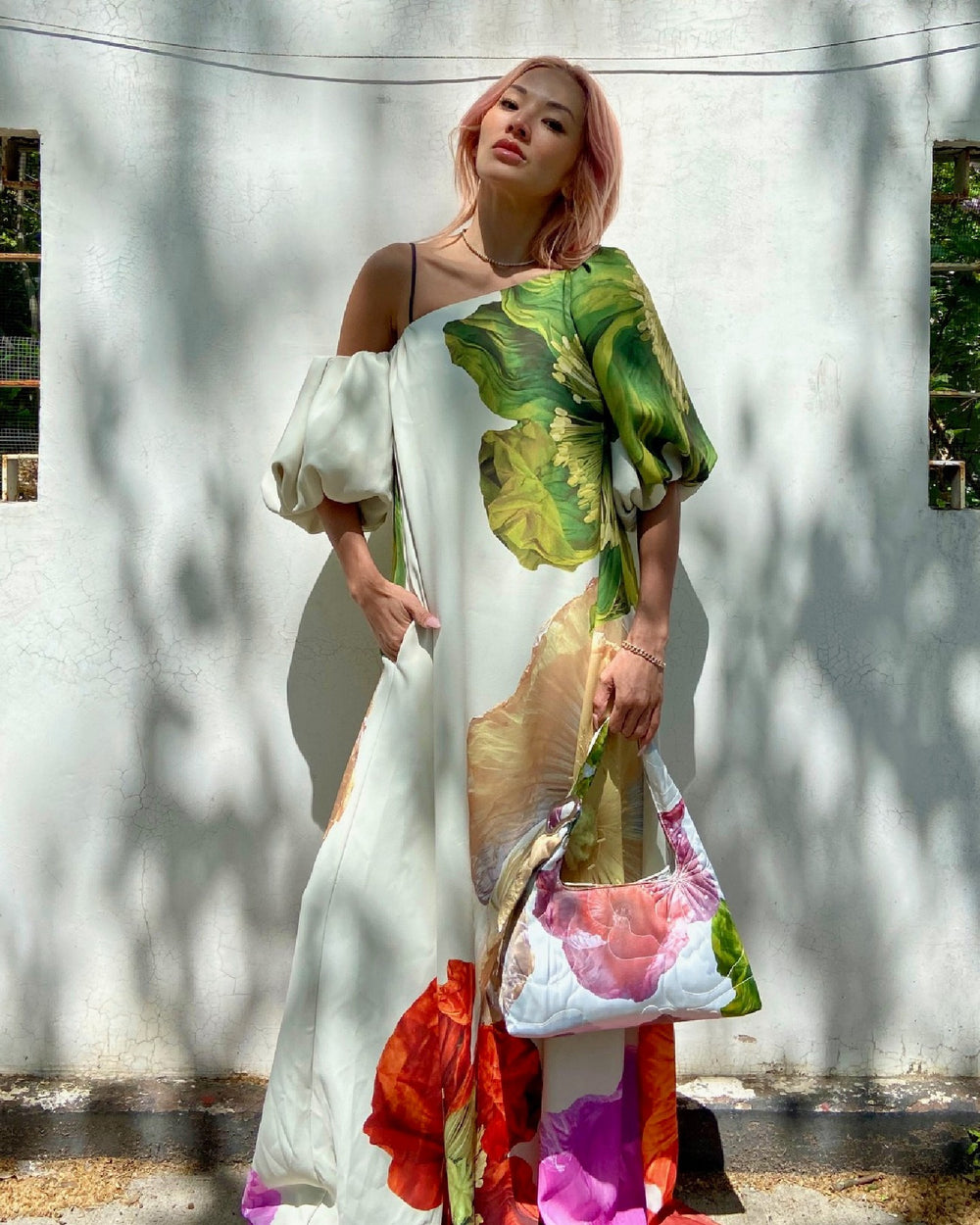 european and american spring/summer new arrival one-shoulder placement print dress - ins casual vacation loose dress