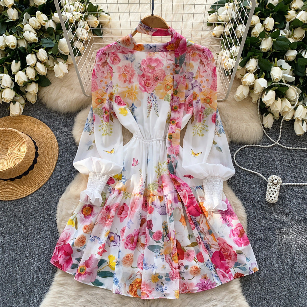 French chic elegant dress for women, spring , high-end deep v-neck, ribbon tie waist, printed ruffle hem mini dress