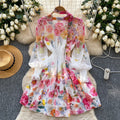 French chic elegant dress for women, spring , high-end deep v-neck, ribbon tie waist, printed ruffle hem mini dress