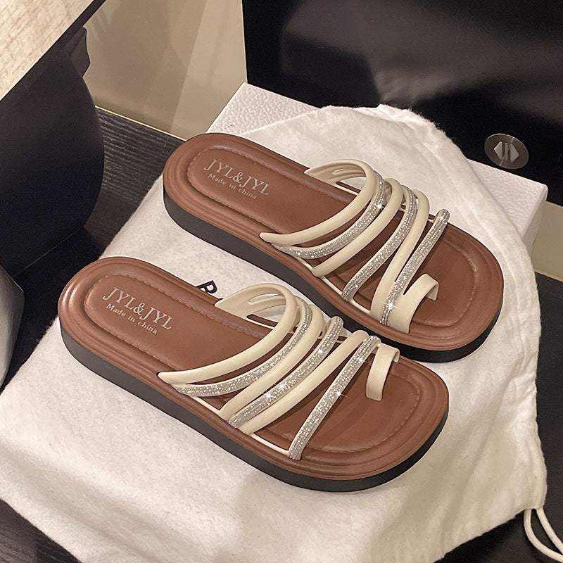 fashion wear-resistant flat sandals women's slippers comfortable rhinestone roman sandals female student beach slippers wholesale