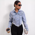 39-35705# cross-border fashionexport women's ins casual loose ripped long-sleeved short denim jacket
