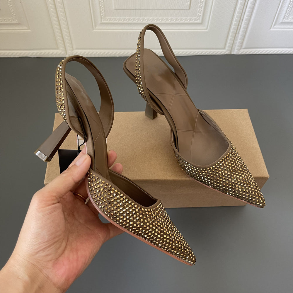 Z's 2026 spring new pointed-toe mules, black rhinestone sexy high heel women's sandals