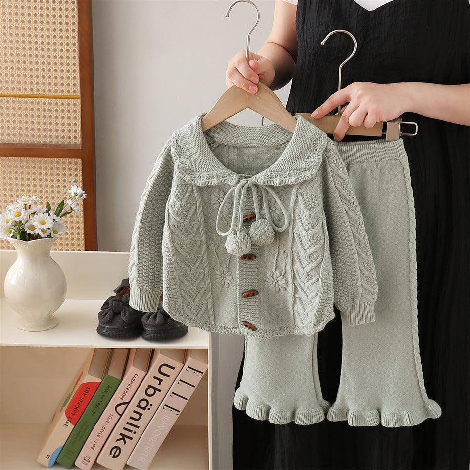 Girls' knit sweater set  new style: handmade flower pom-pom bowknot top and pants two-piece outfit for little girls