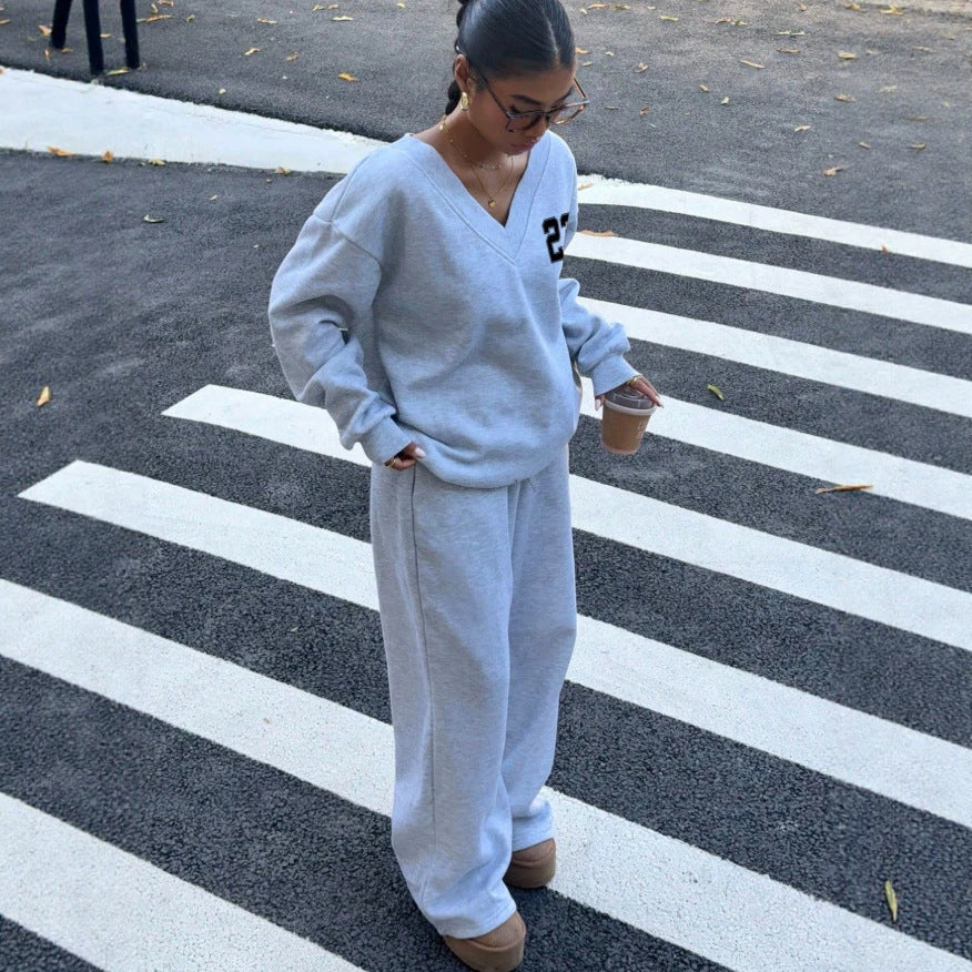 fashion cross-border women's suit v neck printing loosesweatshirt wide leg sweatpants two-piece set