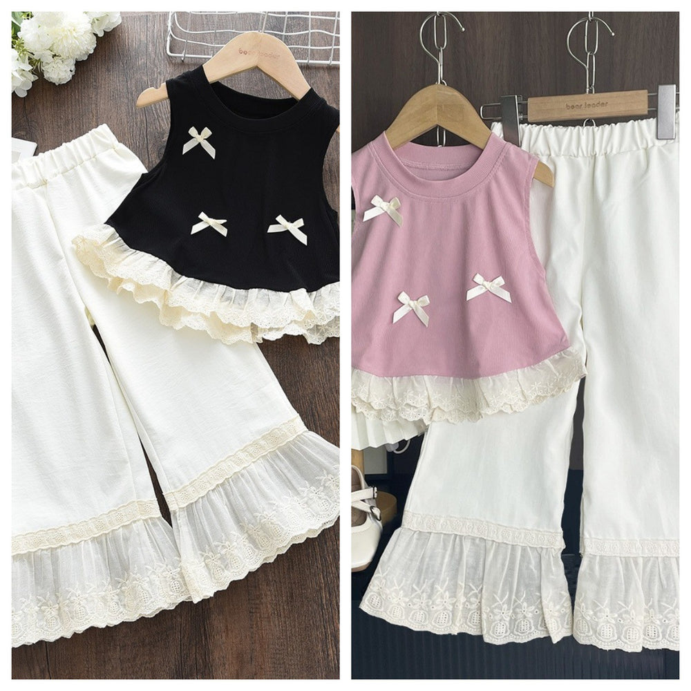 summer new girls' sleeveless tank top set - bowknot lace princess style two-piece outfit - korean style sweet