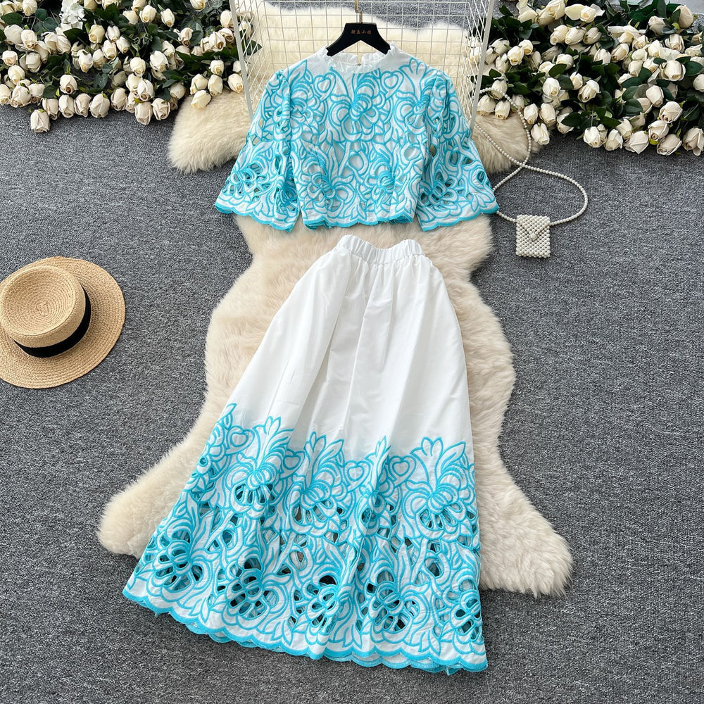 French court retro hollow-out crochet cropped top + high-waisted flared midi skirt two-piece summer outfit - effortless chic