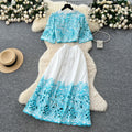 French court retro hollow-out crochet cropped top + high-waisted flared midi skirt two-piece summer outfit - effortless chic
