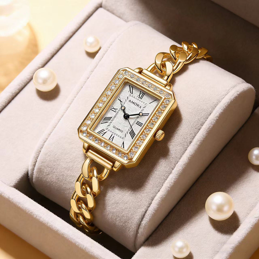 New square diamond-accented quartz watch - elegant, business-ready, and unique bracelet watch for women. a stylish timepiece