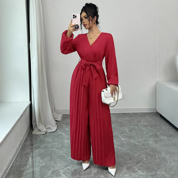 Real spot 1688 Alibaba European and American bubble sleeves V-neck tie waist pleated wide-leg jumpsuit