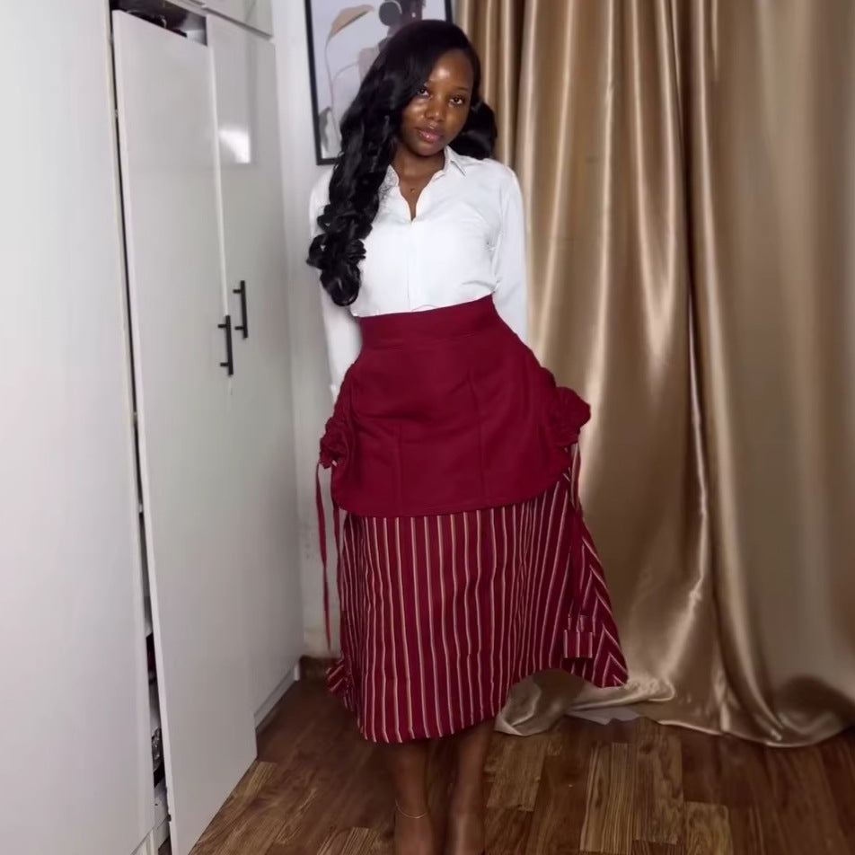European and american cross-border women's fashion:  summer new arrival - high-waisted, slimming, drawstring design, a-line midi skirt