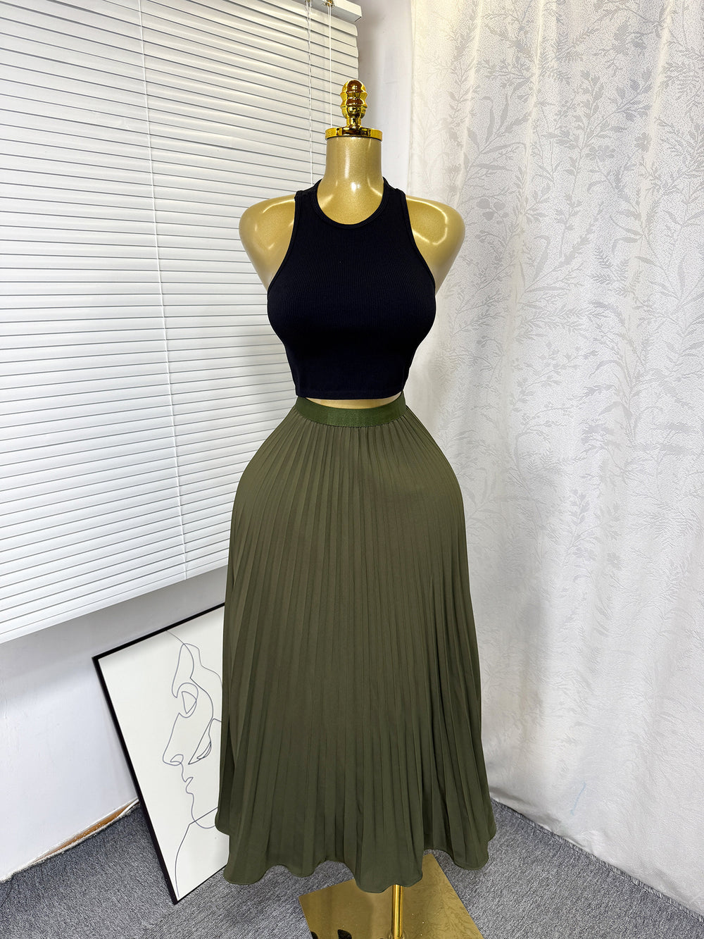 K-stylehigh waist elastic waist pure colorpleated skirt a-line skirt slimming lookeasiest for matchwork clothing skirt