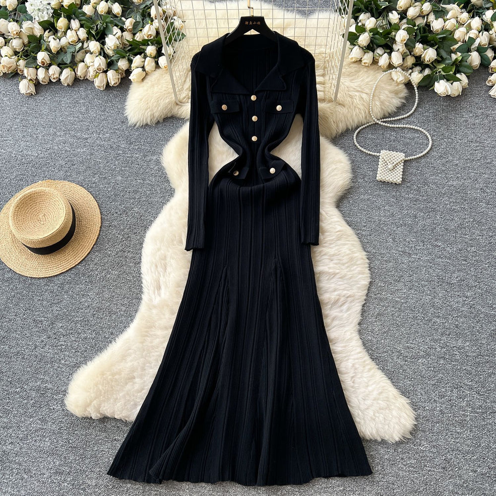 Xiaoxiangfengclassyfashionable doll collar long sleeves metal buckle waist knittingdress female autumslimming look long skirt