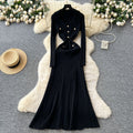 Xiaoxiangfengclassyfashionable doll collar long sleeves metal buckle waist knittingdress female autumslimming look long skirt