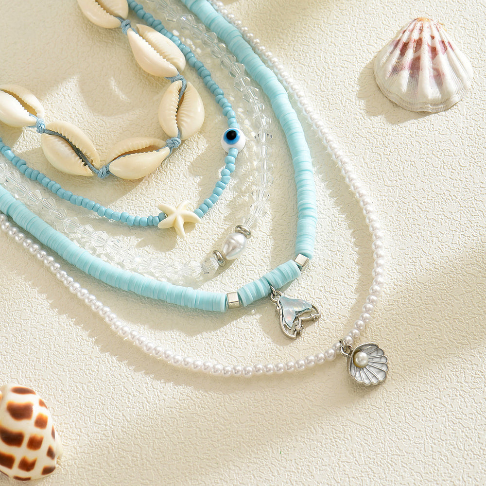 Wholesale blue beaded necklaces - european and american cross-border jewelry, summer fashion ins style, high-end seashell design necklaces