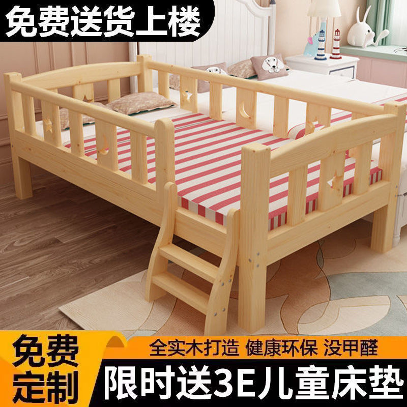 Solid wood baby crib bed with wide guardrail, single bed for boys and girls, side bed, children's splicing large bed