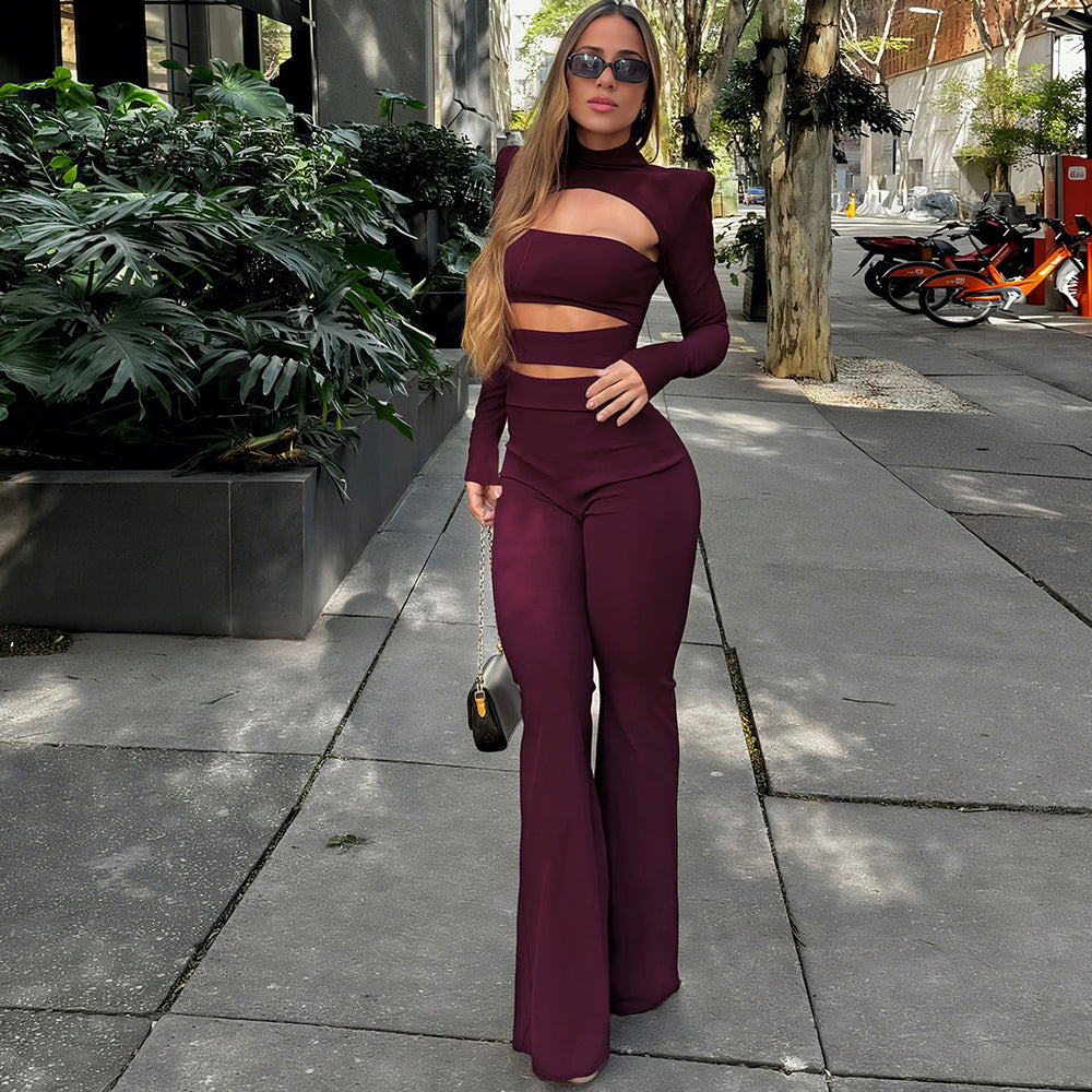 autumn european and american style new solid color high neck long sleeve top slim fit hollow out slightly flared jumpsuit set for women