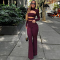 autumn european and american style new solid color high neck long sleeve top slim fit hollow out slightly flared jumpsuit set for women