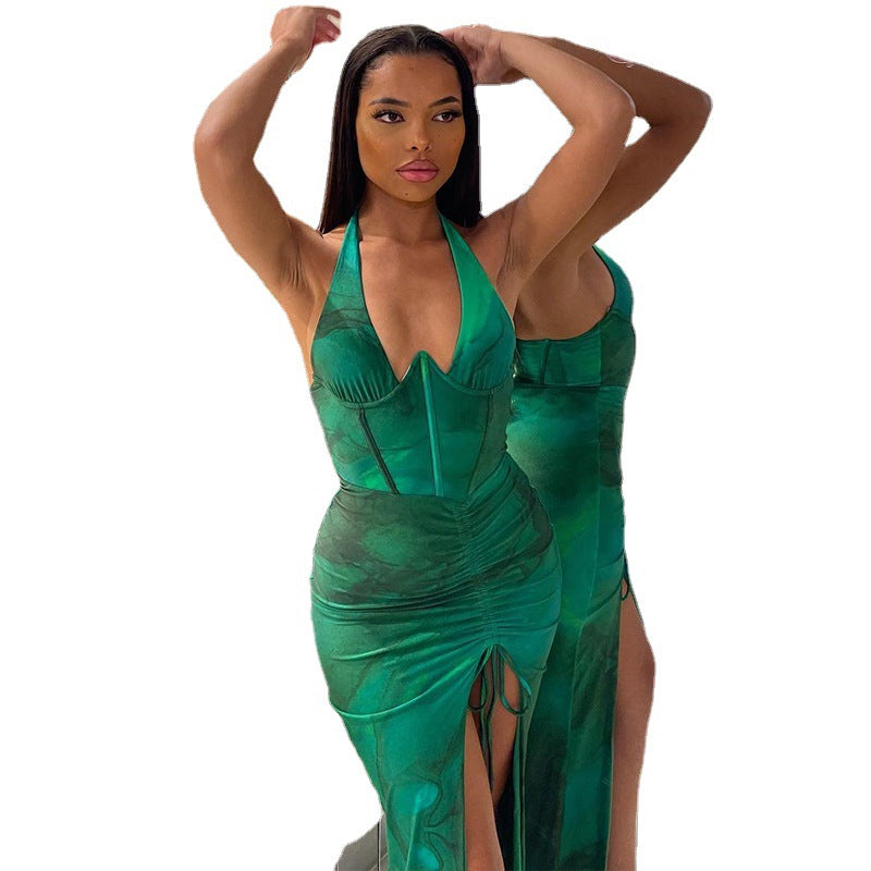 Sexy silmdressv neckhalter slit mid-length skirt drawstring printingpullover skirt exportslimming look