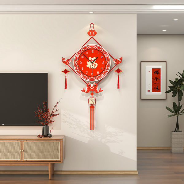 Wall clock living room clock high-end festive Chinese style home decoration wall-mounted dining table background creative clock free of punching
