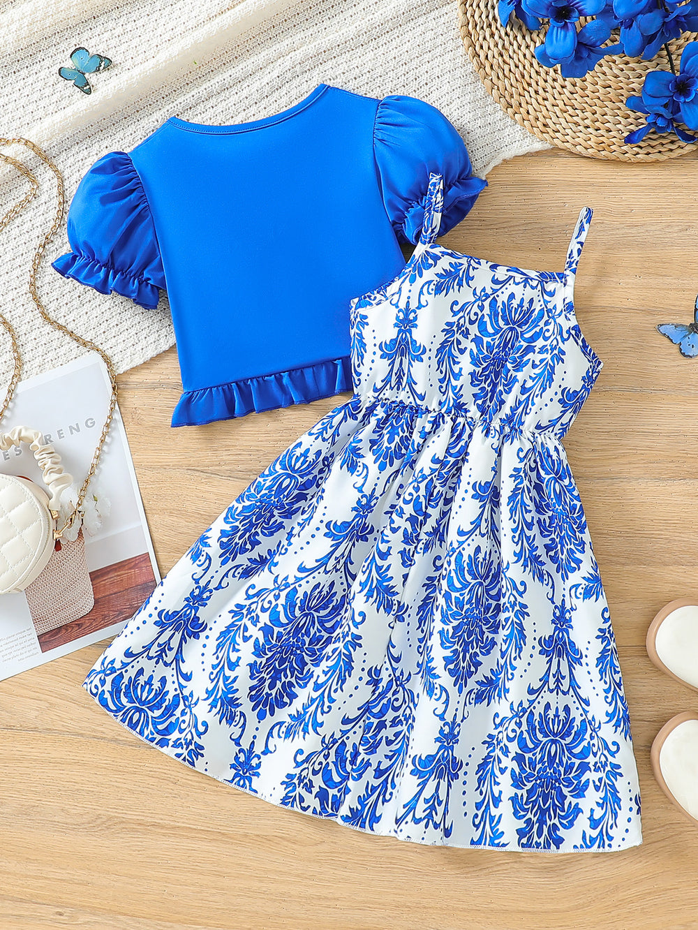 Girls' foreign trade dress set: blue lantern sleeve jacket & paisley print sundress - summer outfit for kids