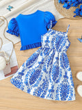 Girls' foreign trade dress set: blue lantern sleeve jacket & paisley print sundress - summer outfit for kids