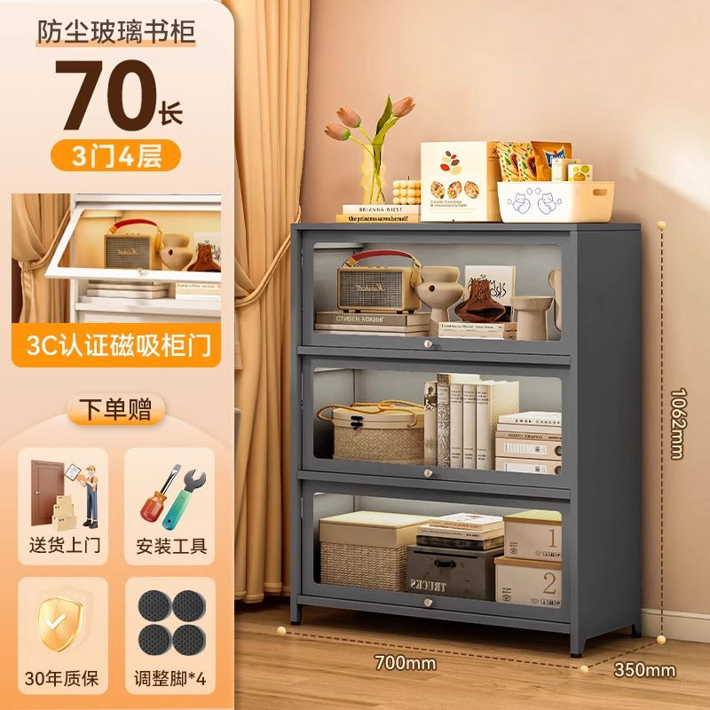 Steel bookcase with glass doors, kids' bookshelf, home living room storage cabinet, dustproof display cabinet, iron art shelf