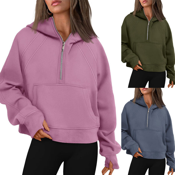 new European and American half zipper pullover hooded sweatshirt fleece short fashion scuba sweater women