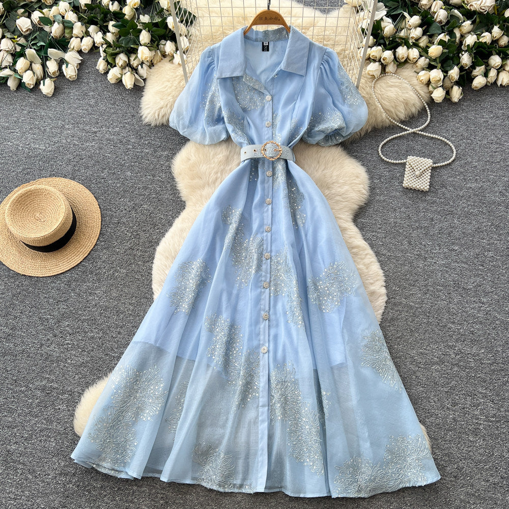 Korean style pink lantern sleeve mesh dress - women's summer sequin waist a-line elegant commute maxi dress