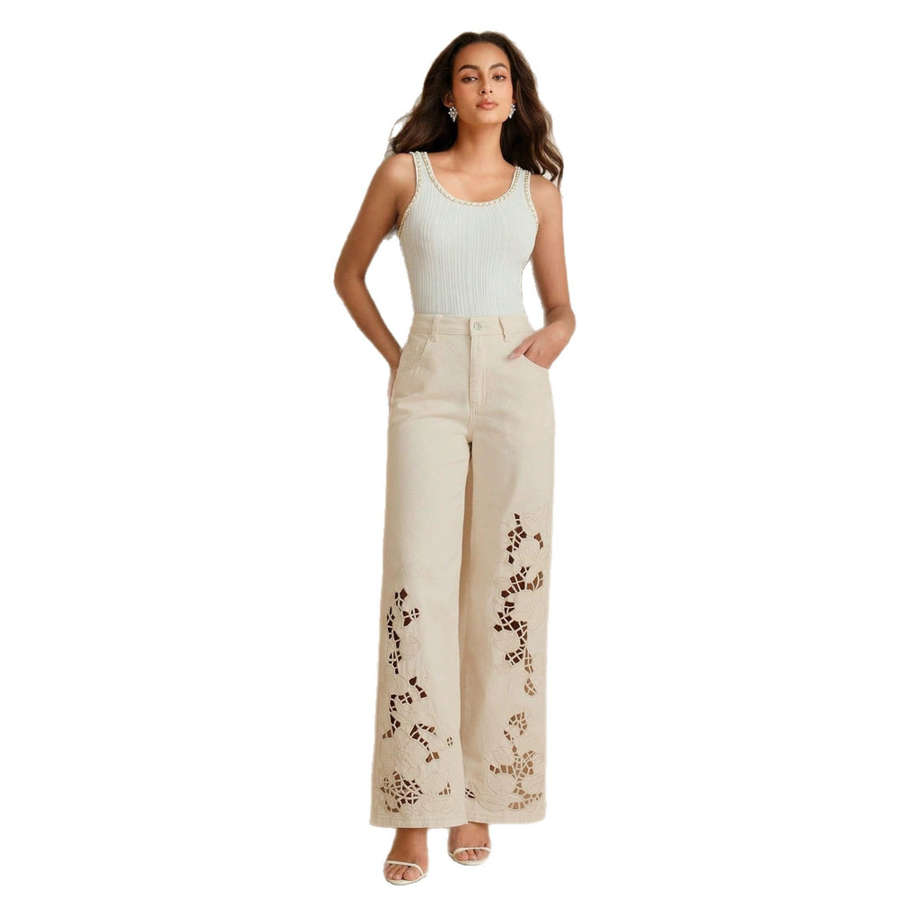 Off-white hollow-out embroidered wide-leg jeans - women's high-waisted slimming straight-leg denim pants - premium quality for cross-border e-commerce