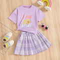 Girls' summer two-piece outfit: purple crewneck top with cartoon letter print and pleated plaid skirt set