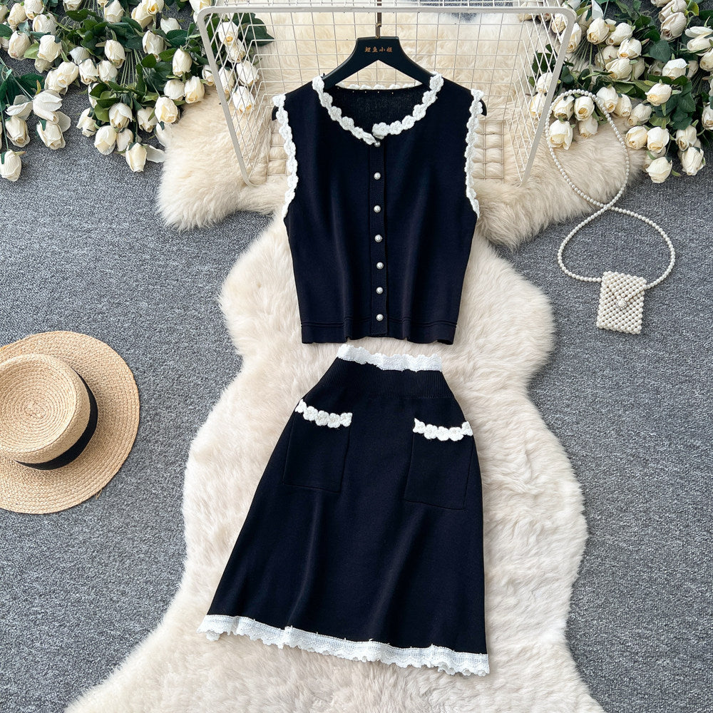 French chic lace trim sleeveless tank top & high-waisted midi skirt set -  summer collection - elegant knit two-piece