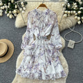 French print midi dress - women's summer long sleeve slim fit a-line dress - workwear, elegant, vacation style