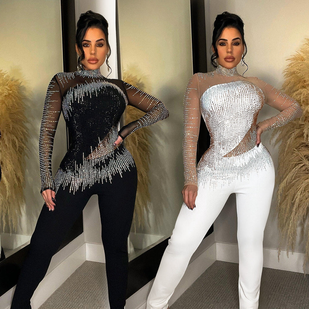 C6226 cross-border   fashion women's solid color mesh rhinestone long sleeve pants jumpsuit