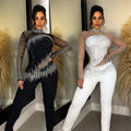C6226 cross-border   fashion women's solid color mesh rhinestone long sleeve pants jumpsuit