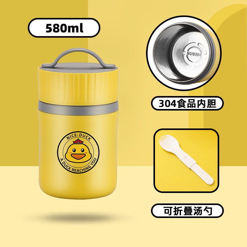 304 stainless steel yellow duck soup cup portable breakfast cup small lunch box bucket with cutlery insulated student lunch box gift