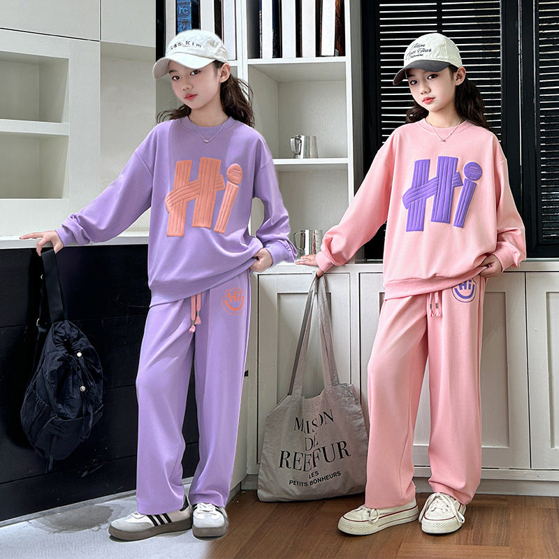 Girls' outfit set, spring/autumn , junior high school girl's clothing, student sweatshirt, spring two-piece set, sports long sleeve casual wear