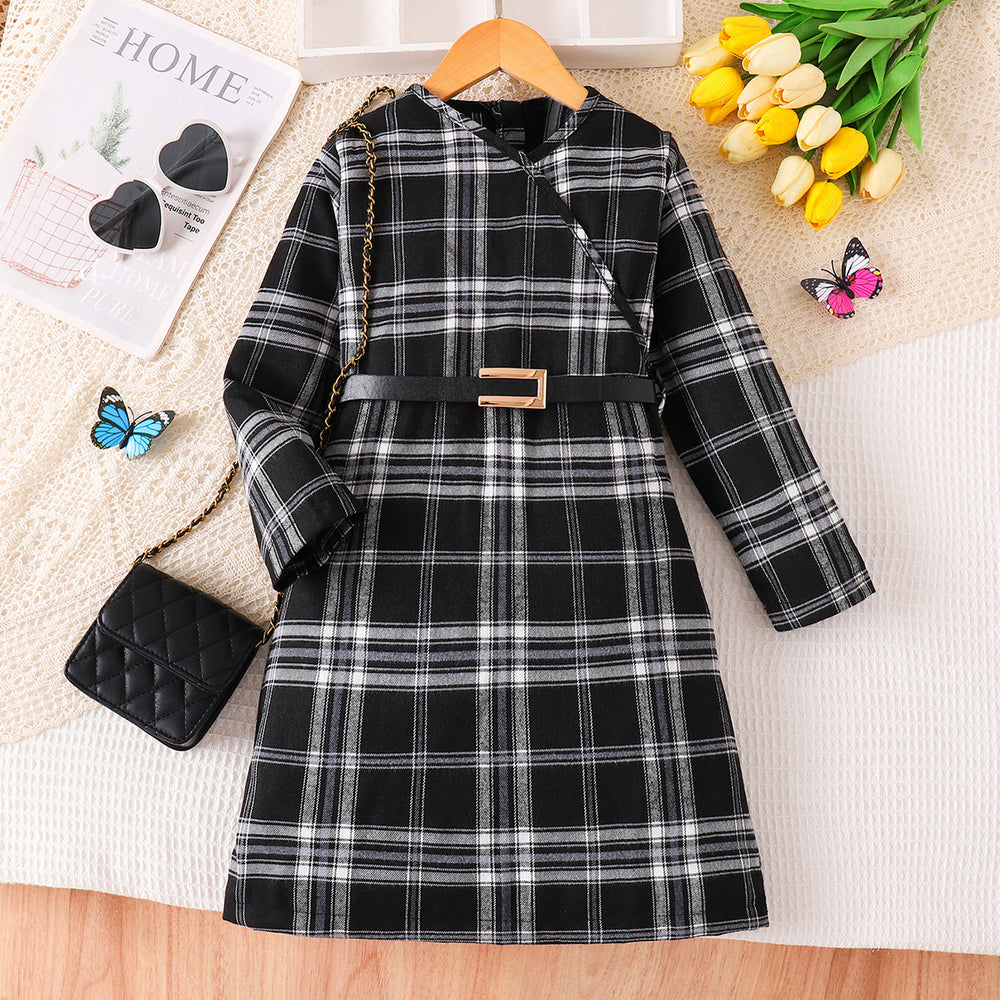 girls' dress - black and white brushed plaid, asymmetrical neckline, long sleeves, belted, autumn retro children's maxi dress