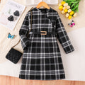 girls' dress - black and white brushed plaid, asymmetrical neckline, long sleeves, belted, autumn retro children's maxi dress