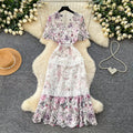 French retro v-neck lace cutout embroidered printed dress - women's cinched waist maxi dress - elegant and chic