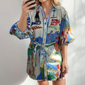 cross-border  women's clothing: summer new linen casual printed shirt cardigan tie-up dress for women