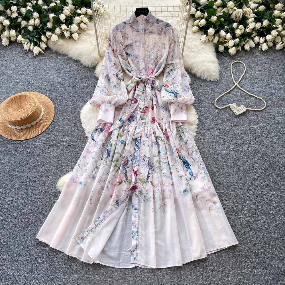 French retro print lantern sleeve dress - women's autumn korean style tie-waist slimming a-line maxi dress - commute friendly
