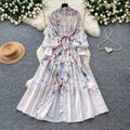 French retro print lantern sleeve dress - women's autumn korean style tie-waist slimming a-line maxi dress - commute friendly